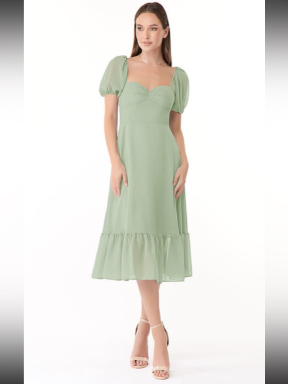 Azazie Dusty Sage Puff Sleeve Midi Dress A-Line Sweetheart Ruched Chiffon